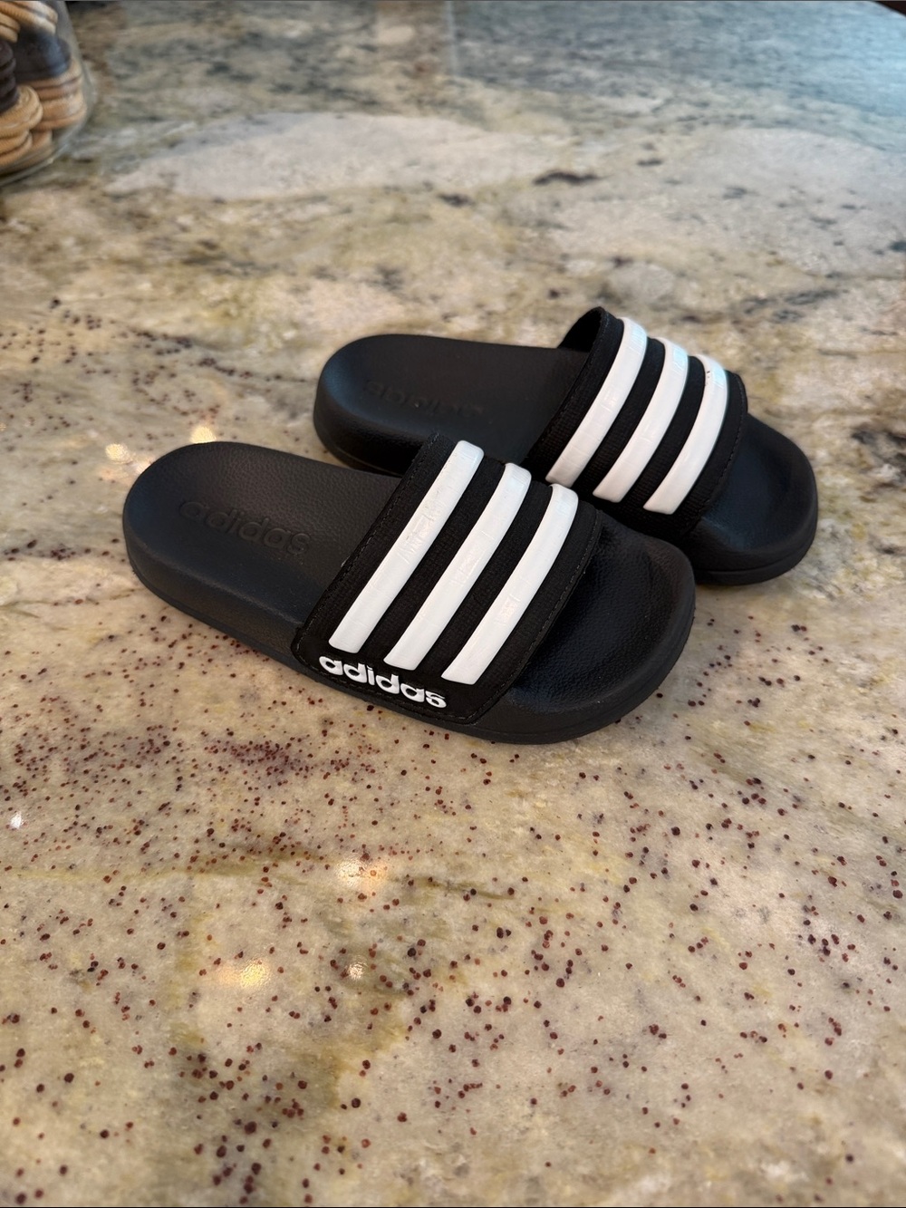 adidas Kids Black and White Three-Stripe Slide Sandals